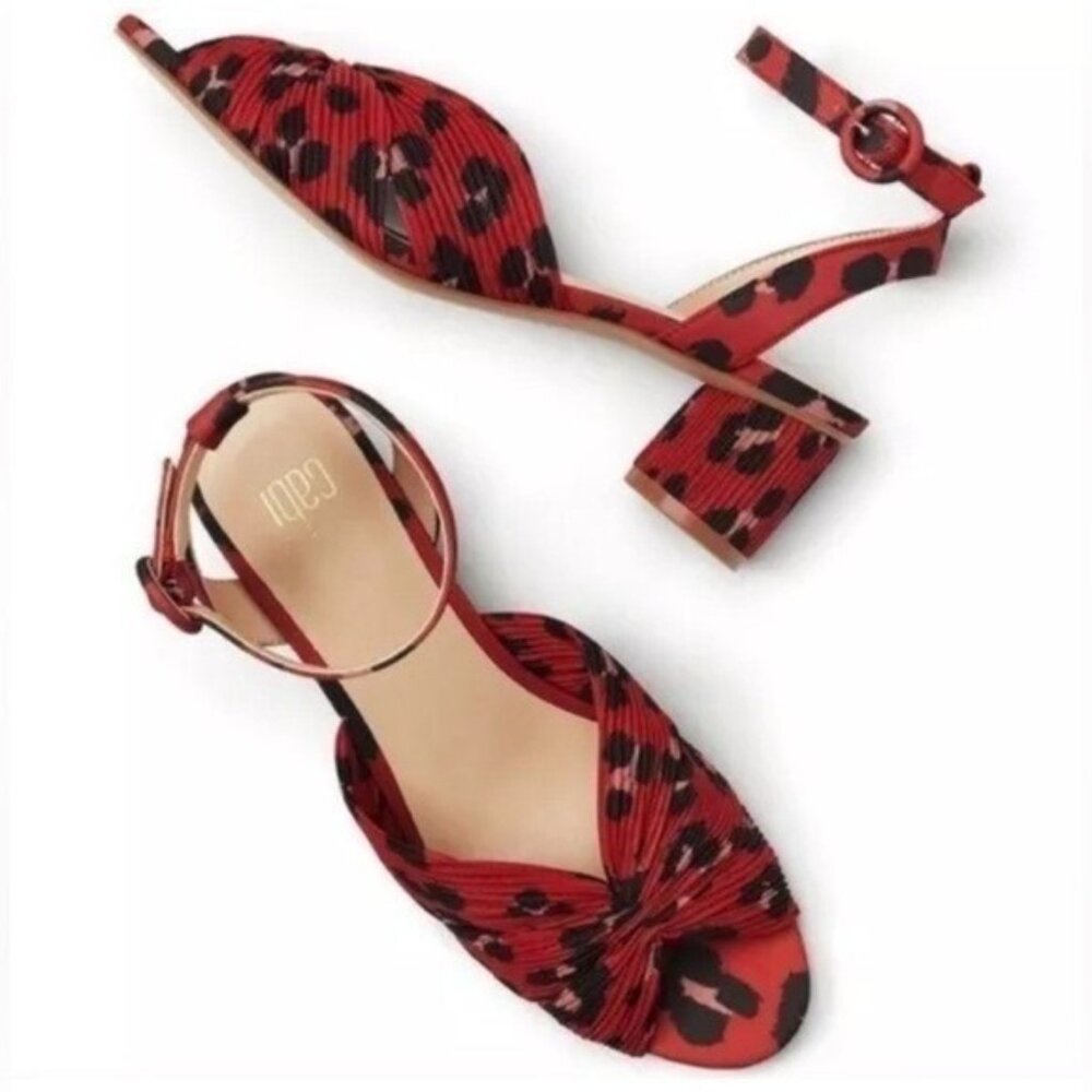 Cabi Shoes Siren Women's 7.5 Red Leopard Anklet Pleated Kitten Heel Sandal Vegan
